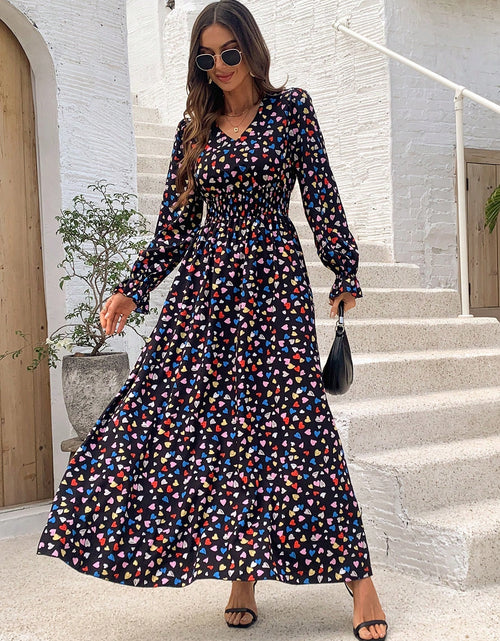 Load image into Gallery viewer, Breezaya Full Print Heart Pattern Bell Sleeve Dress Maxi Women Outfit Fall Cloth for Women
