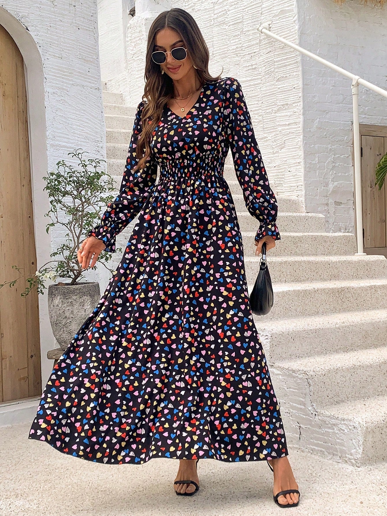 Breezaya Full Print Heart Pattern Bell Sleeve Dress Maxi Women Outfit Fall Cloth for Women
