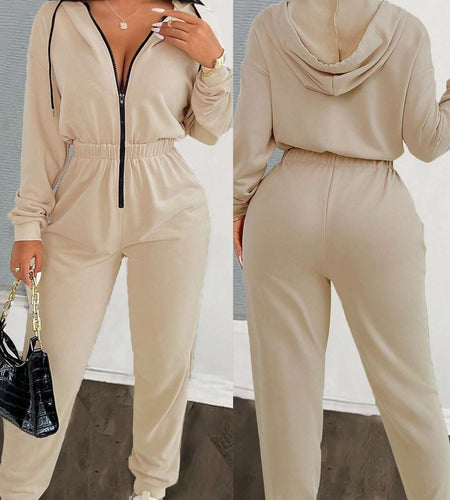 Vavabold Autumn Casual Drawstring Hooded Waist Jumpsuit Fall Cloth for Women