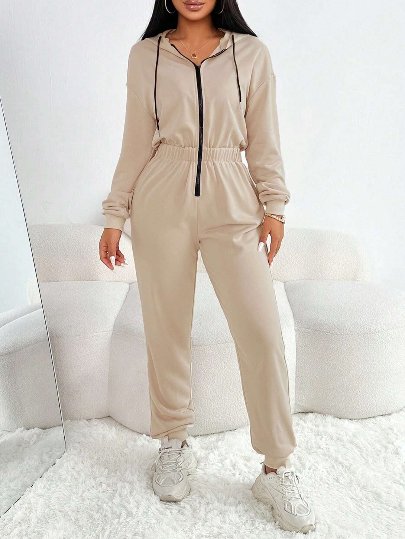 Vavabold Autumn Casual Drawstring Hooded Waist Jumpsuit Fall Cloth for Women