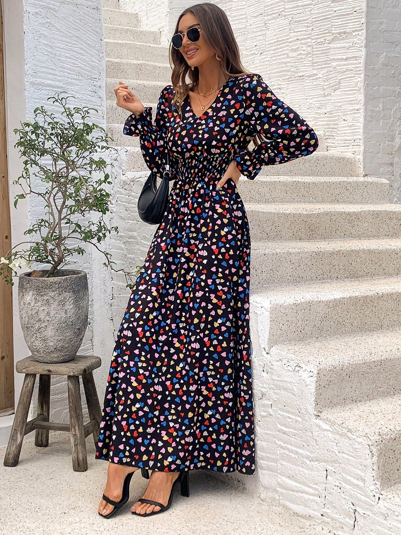 Breezaya Full Print Heart Pattern Bell Sleeve Dress Maxi Women Outfit Fall Cloth for Women