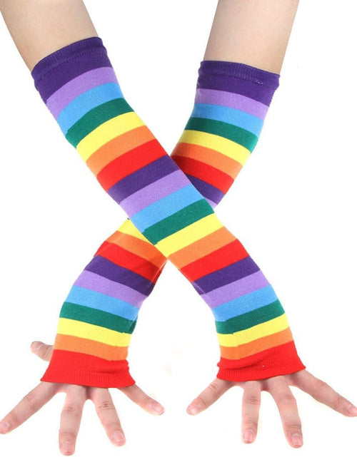 Load image into Gallery viewer, Womens Rainbow Socks Striped Knee High Socks Arm Warmer Fingerless Gloves Set
