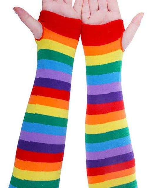 Load image into Gallery viewer, Womens Rainbow Socks Striped Knee High Socks Arm Warmer Fingerless Gloves Set
