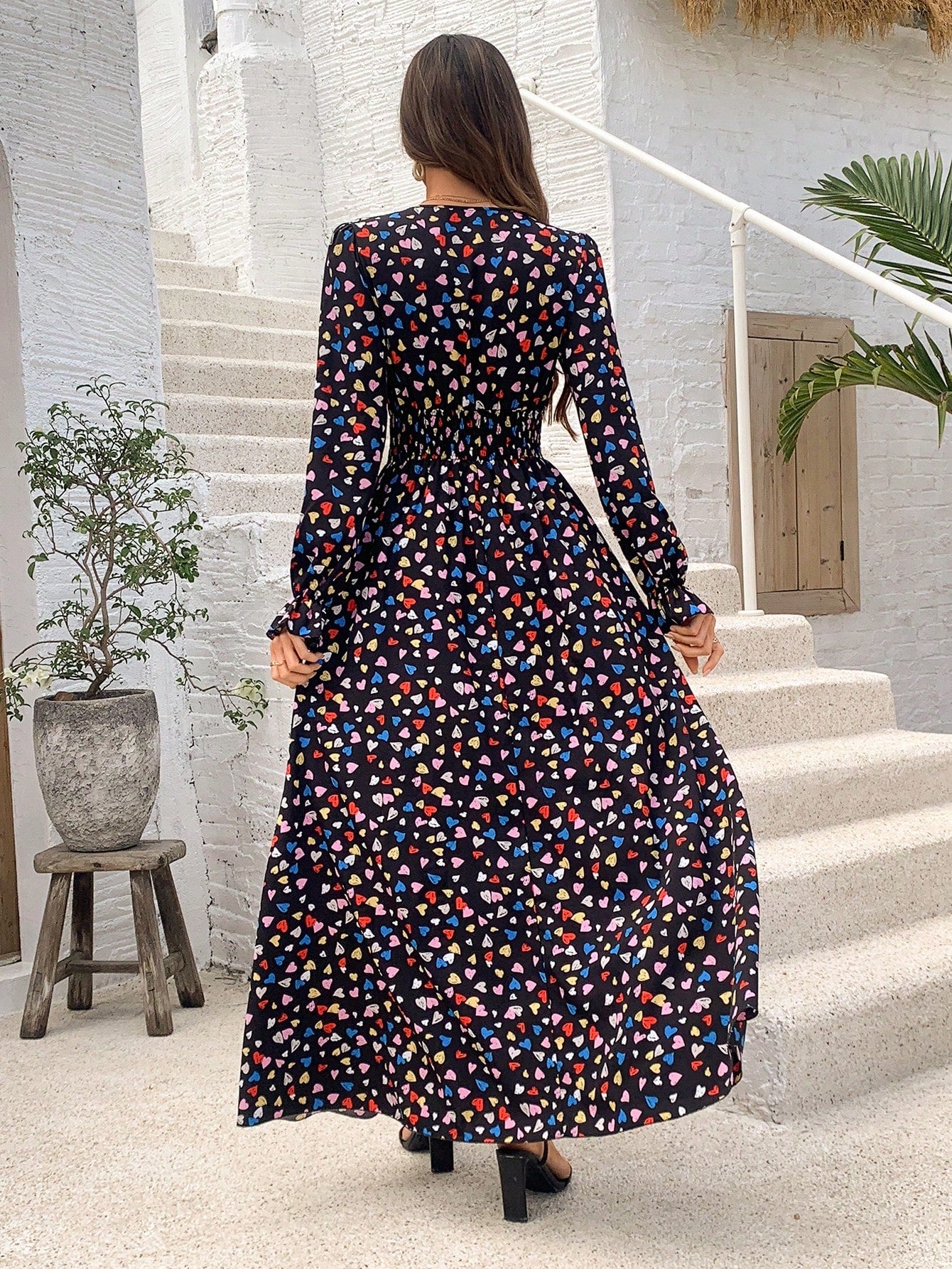 Breezaya Full Print Heart Pattern Bell Sleeve Dress Maxi Women Outfit Fall Cloth for Women