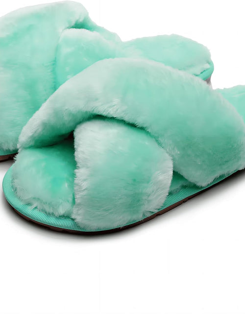 Load image into Gallery viewer, Women&#39;S Fuzzy Fluffy House Slippers Cute Plush Memory Foam Shoes Cross Band Indoor Outdoor Open Toe Sandals

