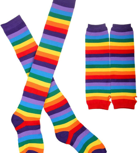 Womens Rainbow Socks Striped Knee High Socks Arm Warmer Fingerless Gloves Set