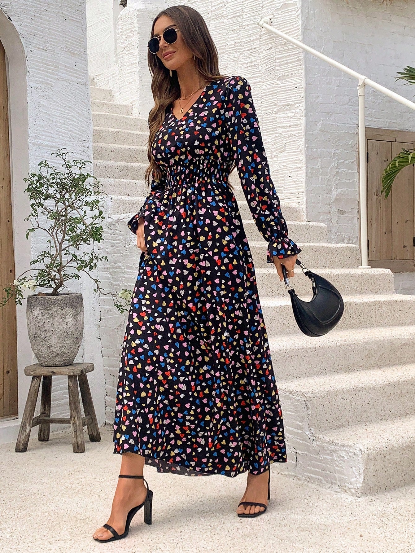 Breezaya Full Print Heart Pattern Bell Sleeve Dress Maxi Women Outfit Fall Cloth for Women