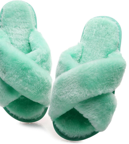 Women'S Fuzzy Fluffy House Slippers Cute Plush Memory Foam Shoes Cross Band Indoor Outdoor Open Toe Sandals