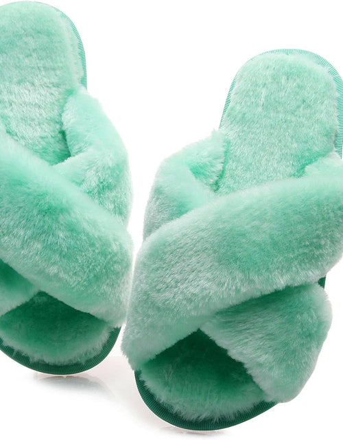 Load image into Gallery viewer, Women&#39;S Fuzzy Fluffy House Slippers Cute Plush Memory Foam Shoes Cross Band Indoor Outdoor Open Toe Sandals
