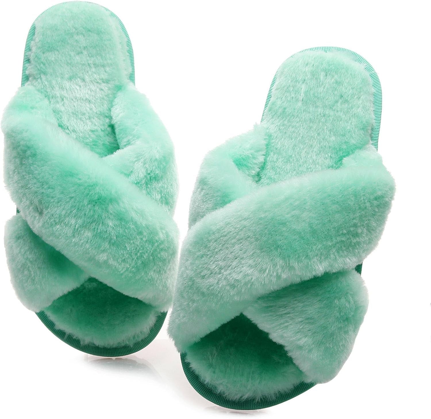 Women'S Fuzzy Fluffy House Slippers Cute Plush Memory Foam Shoes Cross Band Indoor Outdoor Open Toe Sandals