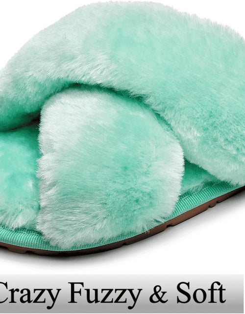 Load image into Gallery viewer, Women&#39;S Fuzzy Fluffy House Slippers Cute Plush Memory Foam Shoes Cross Band Indoor Outdoor Open Toe Sandals
