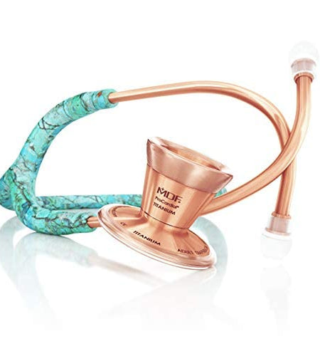 MDF Turquoise Rose Gold Procardial Cardiology Stethoscope, Lightweight Titanium, Adult, Dual Head, Free-Parts-For-Life, Turquoise Tube, Rose Gold Chestpiece-Headset, MDF797TTQRG