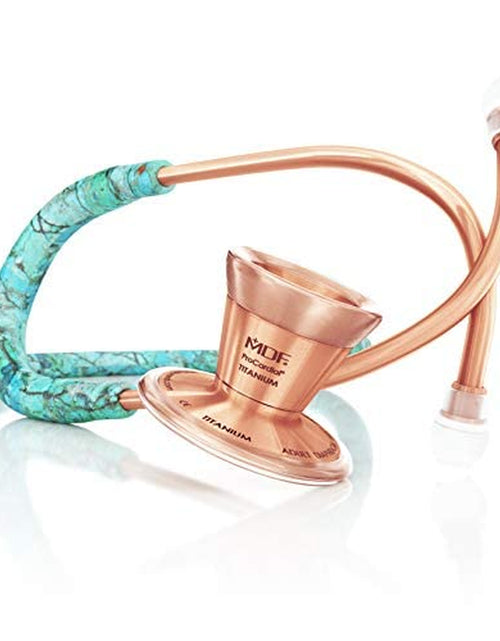 Load image into Gallery viewer, MDF Turquoise Rose Gold Procardial Cardiology Stethoscope, Lightweight Titanium, Adult, Dual Head, Free-Parts-For-Life, Turquoise Tube, Rose Gold Chestpiece-Headset, MDF797TTQRG
