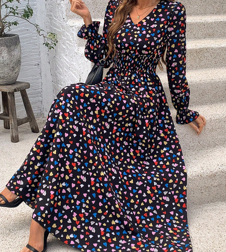 Breezaya Full Print Heart Pattern Bell Sleeve Dress Maxi Women Outfit Fall Cloth for Women