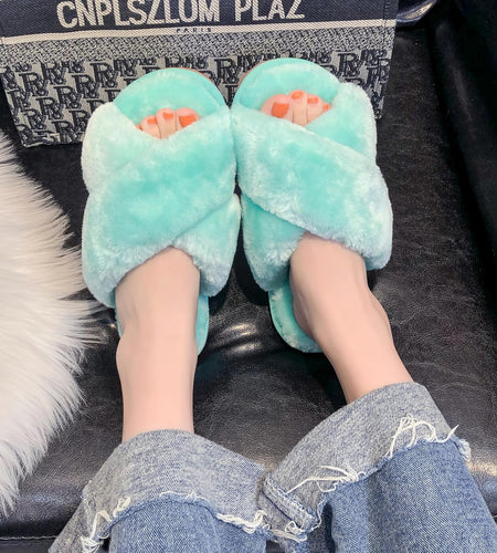 Women'S Fuzzy Fluffy House Slippers Cute Plush Memory Foam Shoes Cross Band Indoor Outdoor Open Toe Sandals