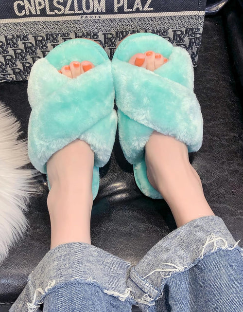 Load image into Gallery viewer, Women&#39;S Fuzzy Fluffy House Slippers Cute Plush Memory Foam Shoes Cross Band Indoor Outdoor Open Toe Sandals
