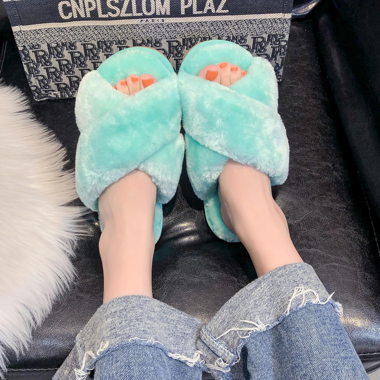 Women'S Fuzzy Fluffy House Slippers Cute Plush Memory Foam Shoes Cross Band Indoor Outdoor Open Toe Sandals