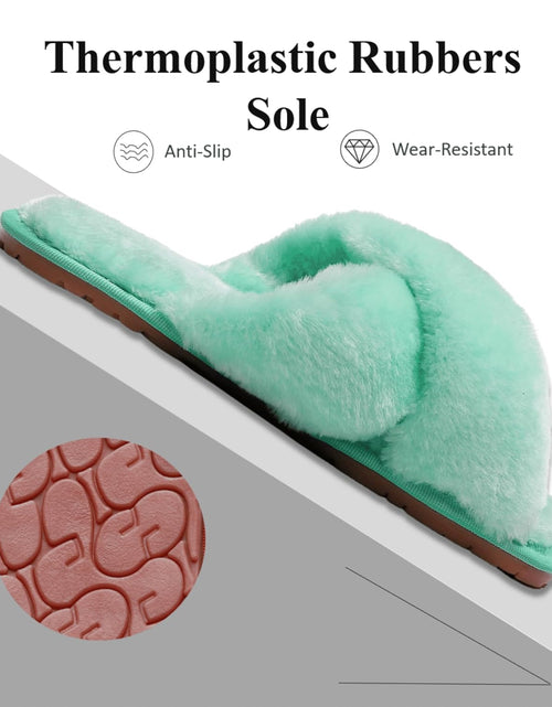 Load image into Gallery viewer, Women&#39;S Fuzzy Fluffy House Slippers Cute Plush Memory Foam Shoes Cross Band Indoor Outdoor Open Toe Sandals
