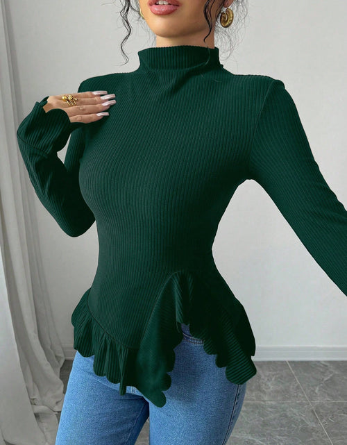 Load image into Gallery viewer, Elenzga Women&#39;S Minimalist Solid Color Fitted Asymmetric Hem Long Sleeve Turtleneck T-Shirt
