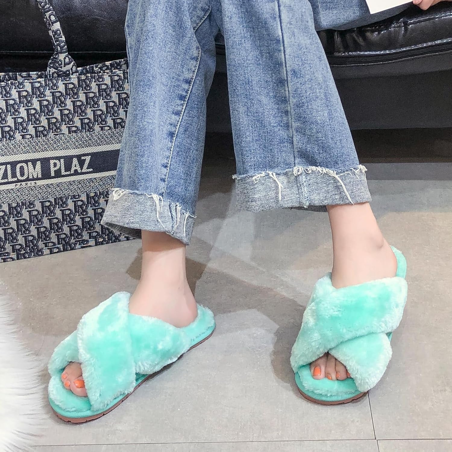 Women'S Fuzzy Fluffy House Slippers Cute Plush Memory Foam Shoes Cross Band Indoor Outdoor Open Toe Sandals