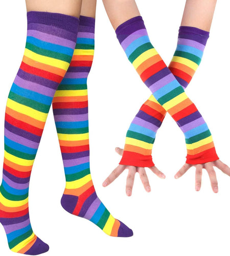 Womens Rainbow Socks Striped Knee High Socks Arm Warmer Fingerless Gloves Set