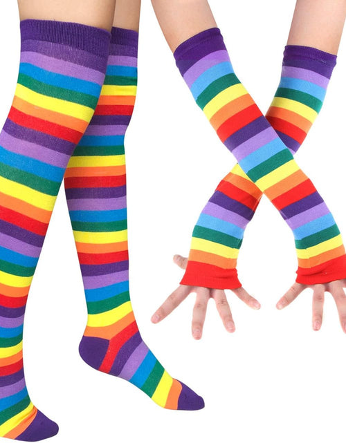 Load image into Gallery viewer, Womens Rainbow Socks Striped Knee High Socks Arm Warmer Fingerless Gloves Set
